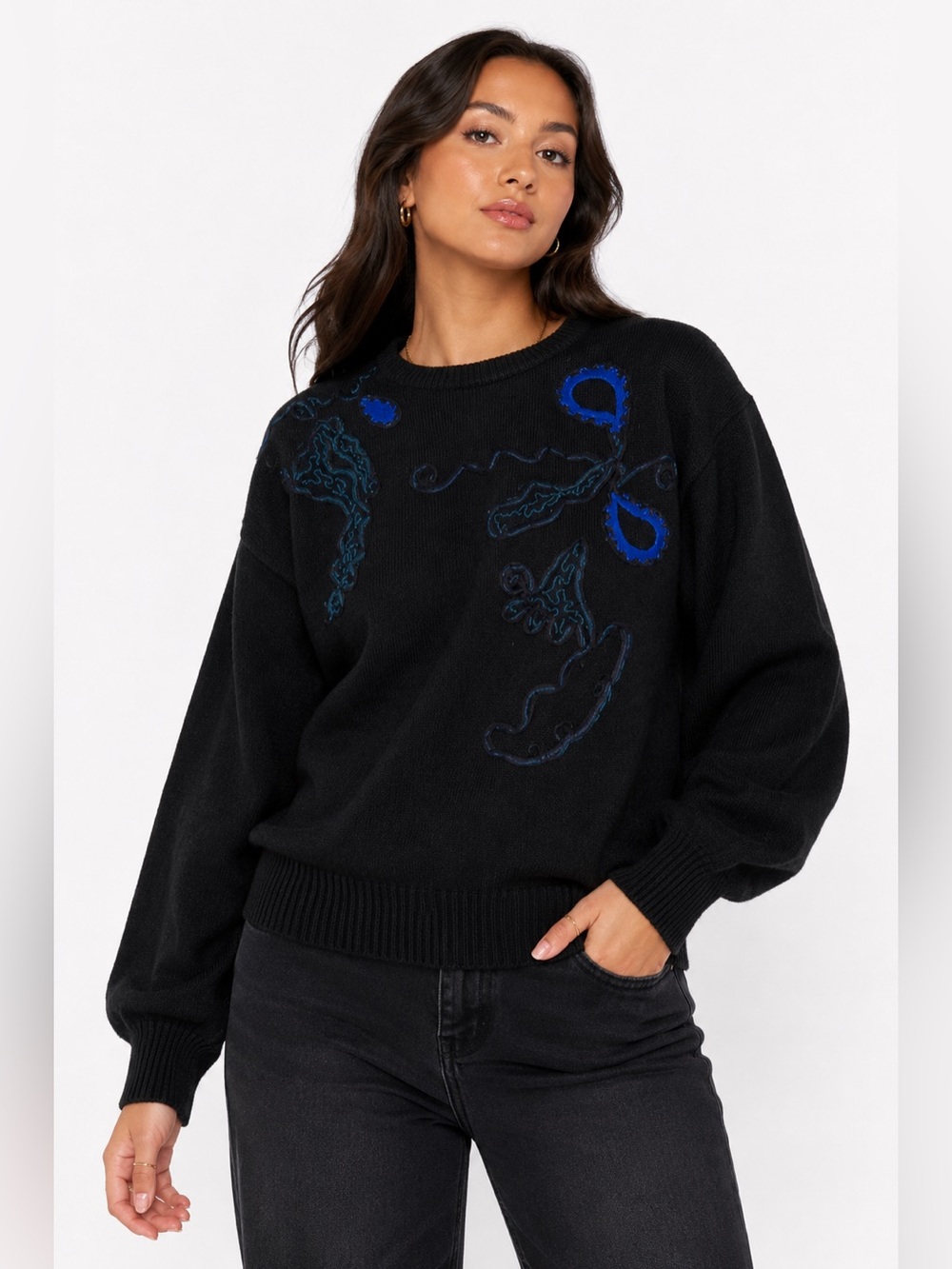 80s Vintage Lilly of California Abstract Embroidered Knit Sweater (Black/Blue)M